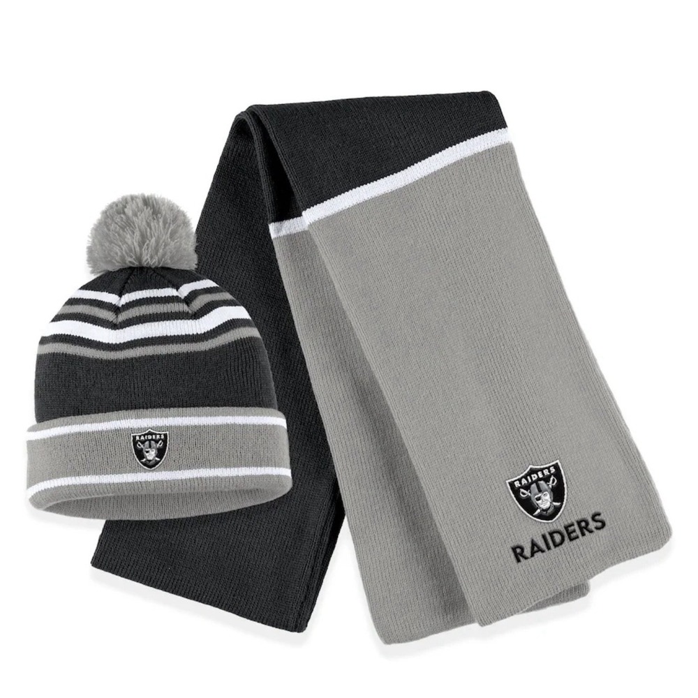 Las Vegas Raiders WEAR by Erin Andrews Women's Cuffed Knit Hat Pom Scarf Set NEW